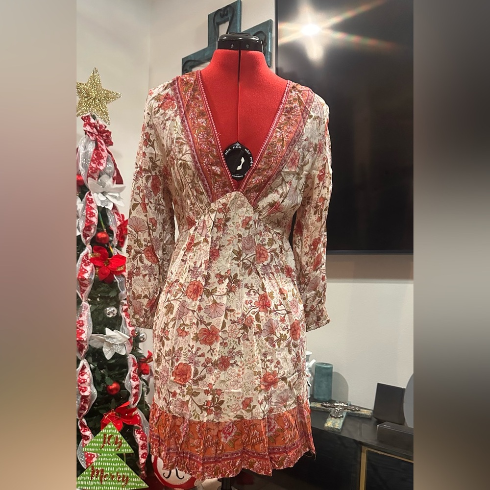 Angie Red and Pink Floral Long Sleeve Dress